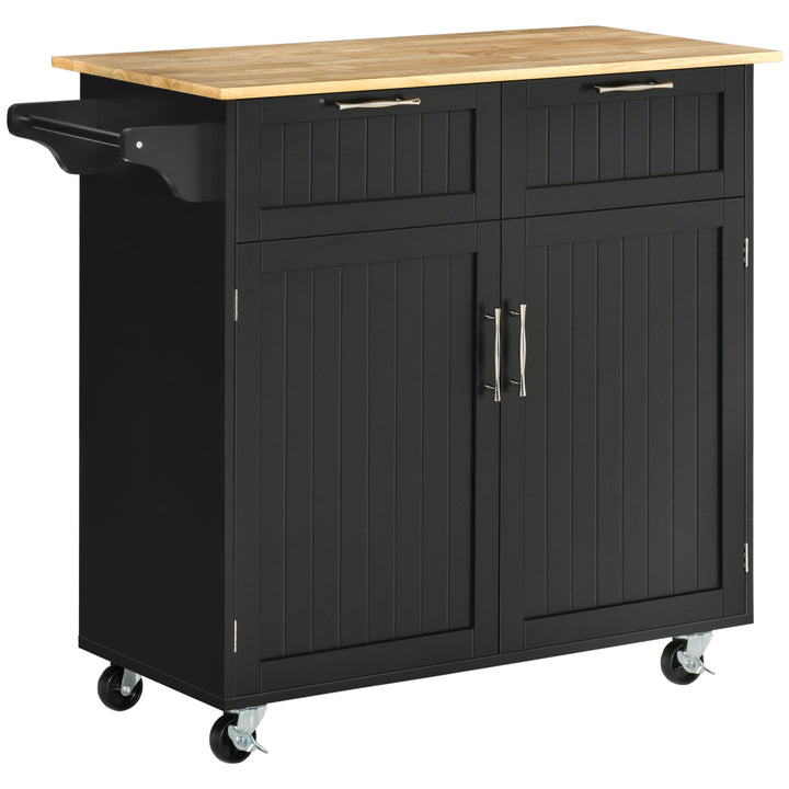 HOMCOM Rolling Kitchen Island with Storage Drawers, Kitchen Cart with Rubber Wood Top, Cabinet & Towel Rack, White