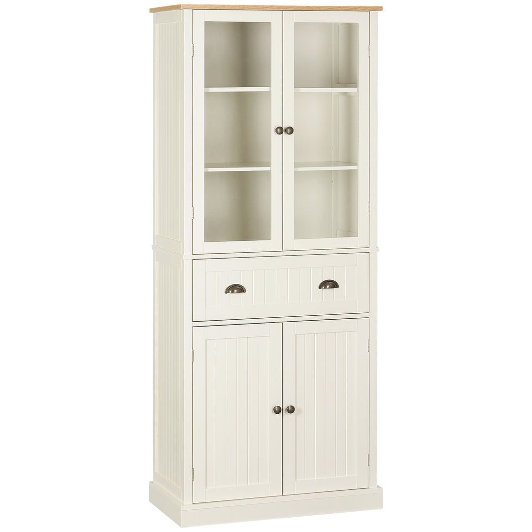 HOMCOM 72" Kitchen Pantry Cabinet, Freestanding Buffet Storage Cabinet with Glass Doors, Drawer and Adjustable Shelves, Cream White