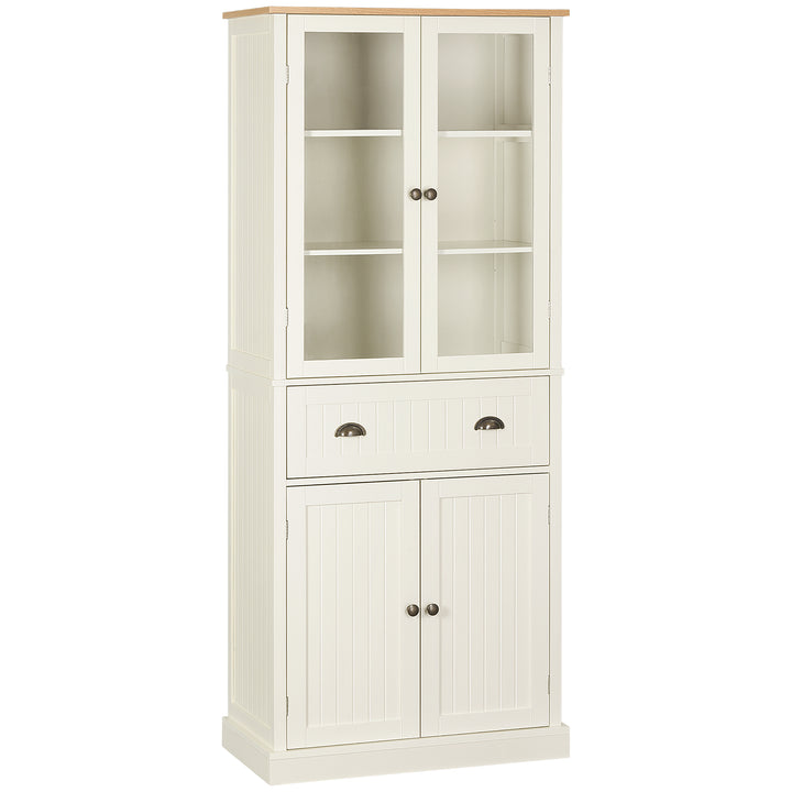 HOMCOM 72" Kitchen Pantry Cabinet, Freestanding Buffet Storage Cabinet with Glass Doors, Drawer and Adjustable Shelves, Cream White