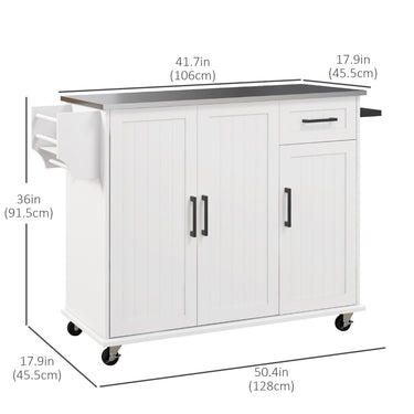 HOMCOM Kitchen Island with Storage, Rolling Kitchen Cart on Wheels, Kitchen Island with Storage, Drawer, 3 Cabinets, Stainless Steel Countertop, Spice Rack and Towel Rack, White