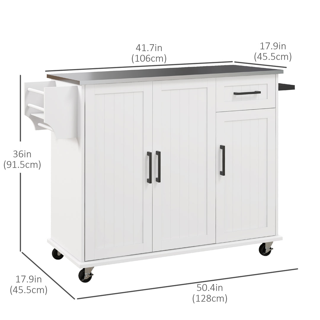 HOMCOM Kitchen Island with Storage, Rolling Kitchen Cart on Wheels, Kitchen Island with Storage, Drawer, 3 Cabinets, Stainless Steel Countertop, Spice Rack and Towel Rack, White