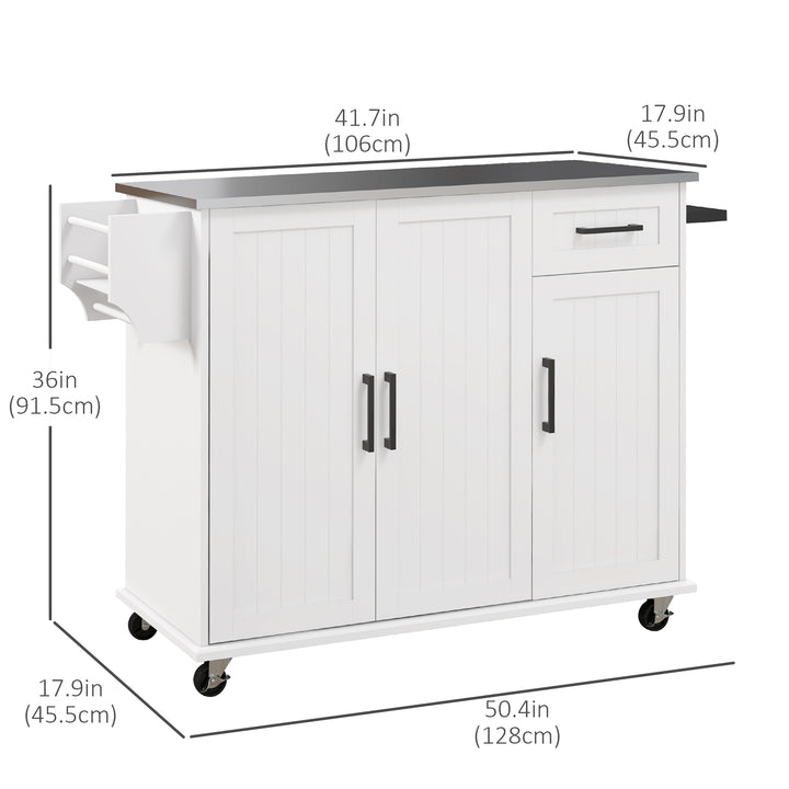 HOMCOM Kitchen Island with Storage, Rolling Kitchen Cart on Wheels, Kitchen Island with Storage, Drawer, 3 Cabinets, Stainless Steel Countertop, Spice Rack and Towel Rack, White