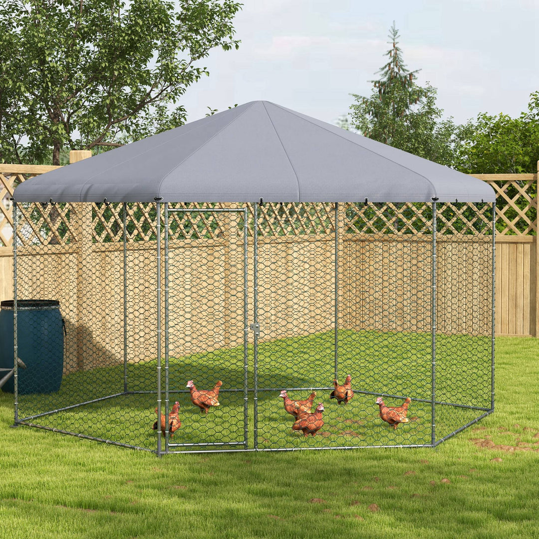 PawHut Chicken Coop with Cover for Outdoor Backyard, Chicken Run for 10-15 Chickens, Rabbits, Ducks, 13.1' x 11.4'