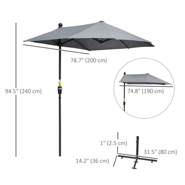Outsunny 6.6 x 6ft Half Patio Umbrella Outdoor Parasol with Double-Sided Canopy, Crank Handle, Base for Garden, Balcony, Grey