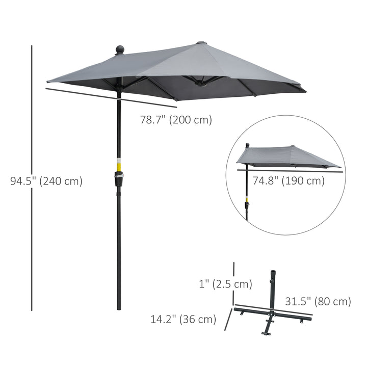 Outsunny 6.6 x 6ft Half Patio Umbrella Outdoor Parasol with Double-Sided Canopy, Crank Handle, Base for Garden, Balcony, Grey
