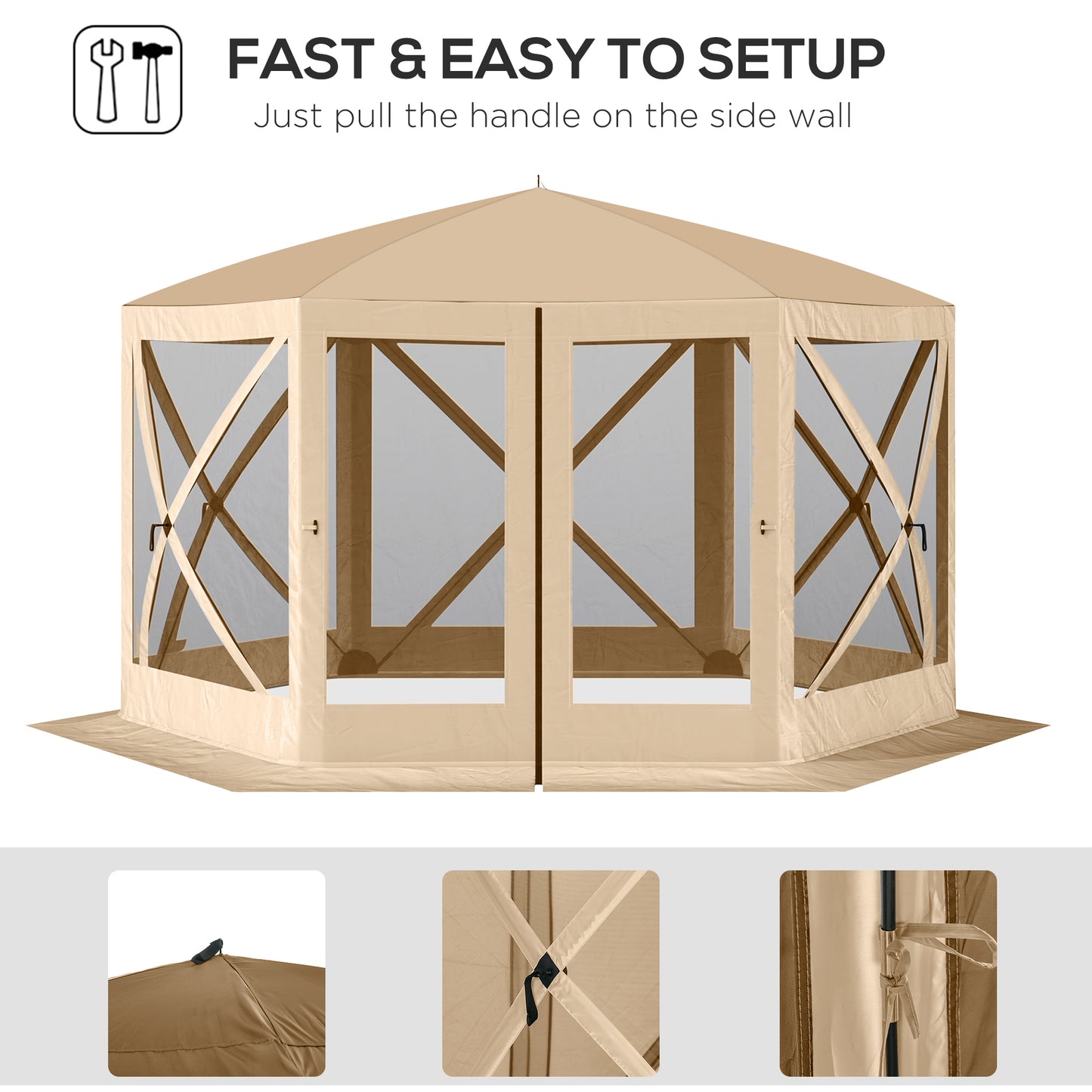 Outsunny 12' x 12' Hexagon Automatic Pop Up Screen Tents Camping Shelter Picnic Canopy Outdoor Sun Shade w/ Mesh Sidewalls and Carry Bag Beige