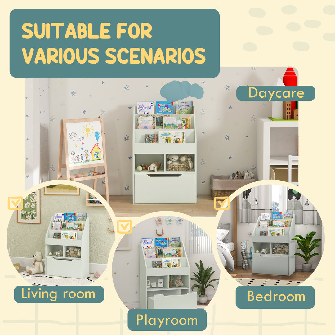 HOMCOM Kids Bookcase Multi-Shelf Rack Organizer with Storage Drawer for Books for Reading Nook, Classroom, Bedroom, Playroom, Grey