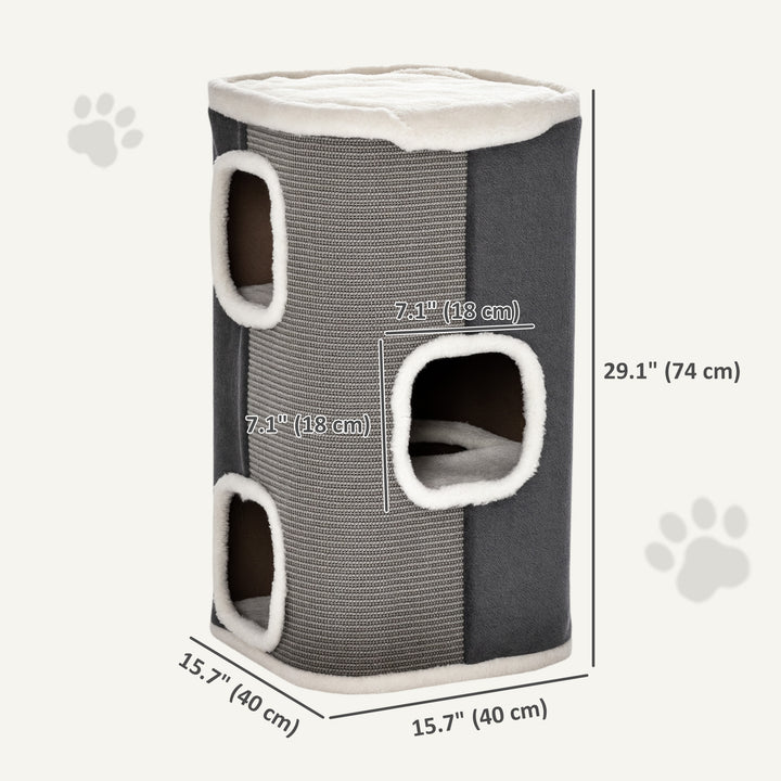 PawHut 4-Story Cat House for Indoor, Cat Condo with Sisal Scratching Surface, Removable Cushion, 16" x 16" x 29", Grey