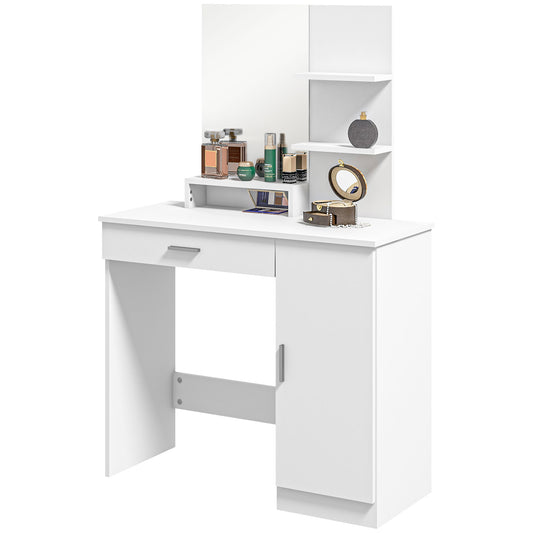 HOMCOM Dressing Table, Vanity Table with Mirror, Drawer and Storage Shelves for Bedroom, 35.4" x 15" x 54.3", White
