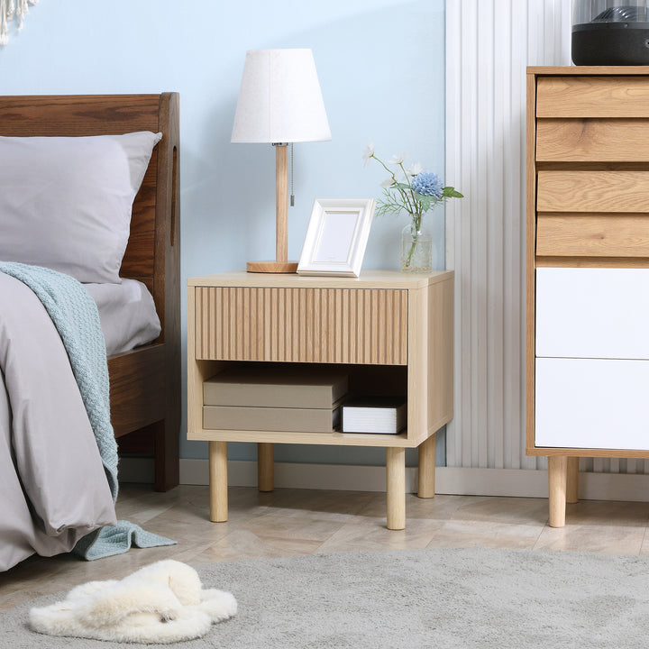 HOMCOM Modern Bedside Table with Drawer and Open Shelf, Sofa Side Table for Bedroom Living Room, Natural