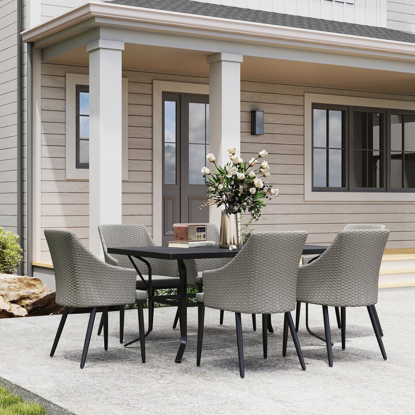 Outsunny 7 Piece Wicker Patio Furniture Set with Cushions, Umbrella Hole, Slatted Table Top, for Backyard, Porch, Garden, Balcony