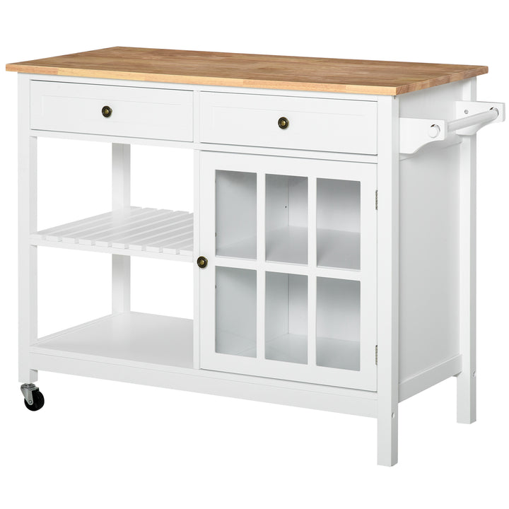 HOMCOM Kitchen Cart on Wheels, Utility Storage Island with Rubber Wood Top, Towel Rack, Cabinets, Drawers, White