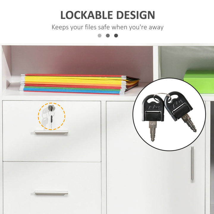 HOMCOM Lateral Filing Cabinet with Open Storage Shelf, Printer Stand Home Office Mobile File Cabinet with Wheels, Lockable Drawer, White