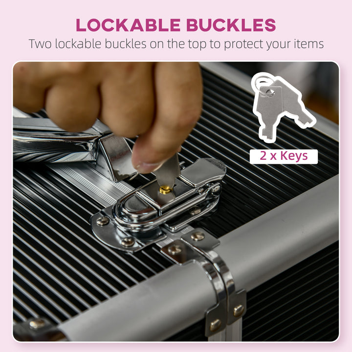 HOMCOM Rolling Makeup Case, Large Storage Cosmetic Trolley, Lockable Traveling Cart Trunk with Folding Trays, Swivel Wheels