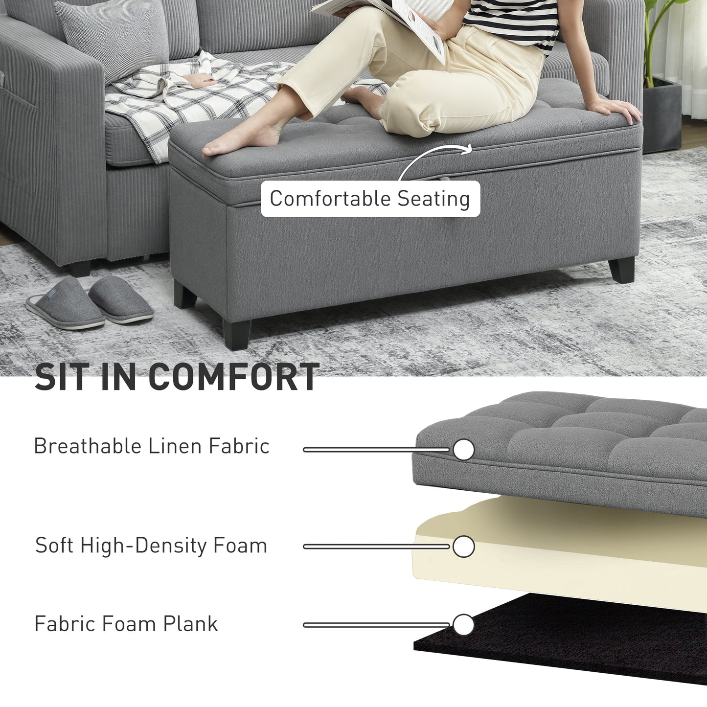 HOMCOM Storage Ottoman Bench, Foot Rest with Safety Hinges, 47 Inches Linen Storage Chest for Living Room, Dark Grey