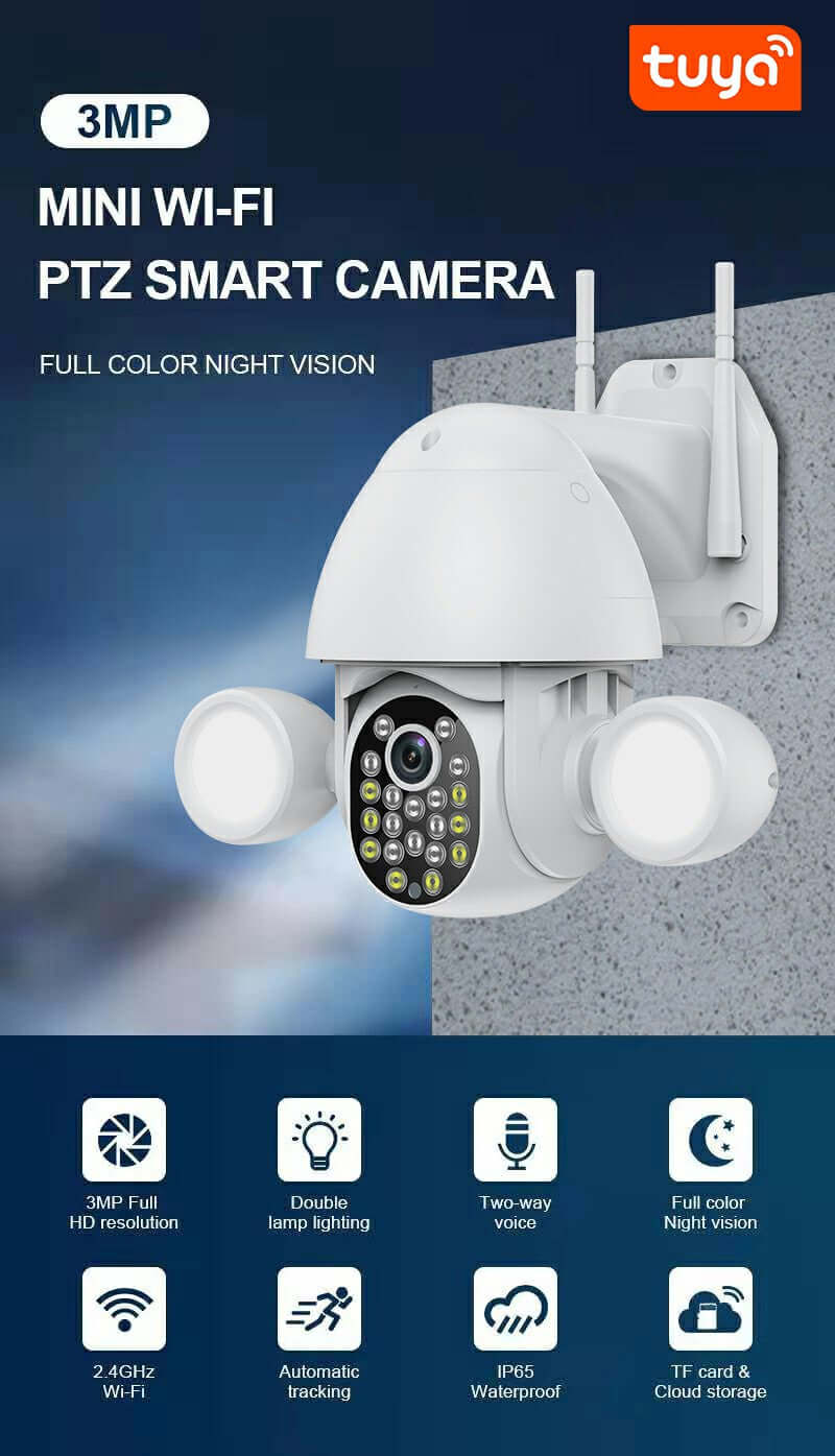 Glomarket Smart Home Security Wifi Camera Color Night Vision Ptz Tuya Floodlight Camera on display with features.