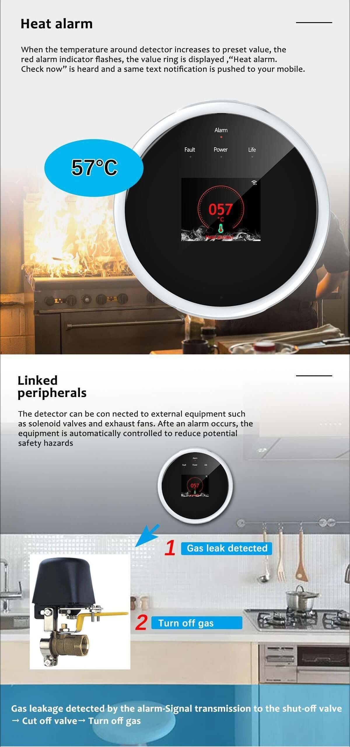 Glomarket Smart Gas Leak Detector Tuya Wifi LCD Display APP Remote Control Heat Alarm Reminder for Smart Home showing heat alarm functions.