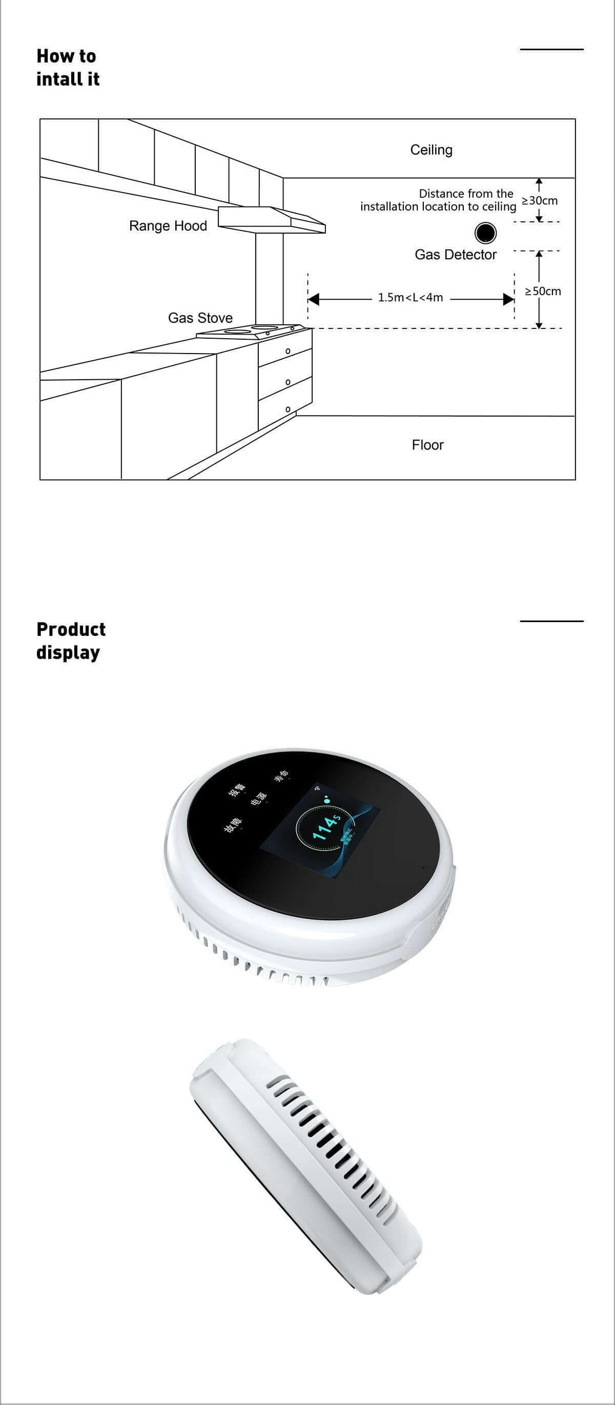 Glomarket Smart Gas Leak Detector Tuya Wifi LCD Display APP Remote Control Heat Alarm Reminder for Smart Home installation guide and display.