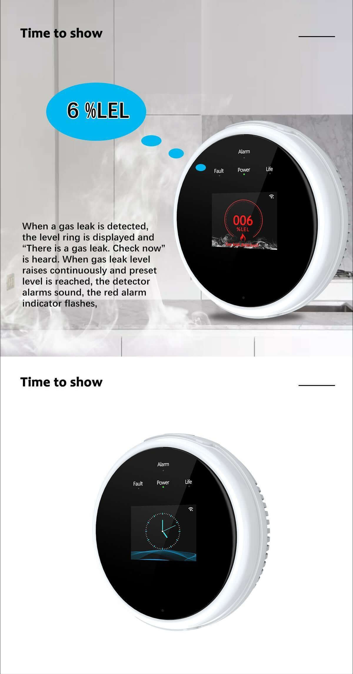 Glomarket Smart Gas Leak Detector Tuya Wifi LCD Display APP Remote Control Heat Alarm Reminder for Smart Home showing gas leak detection.