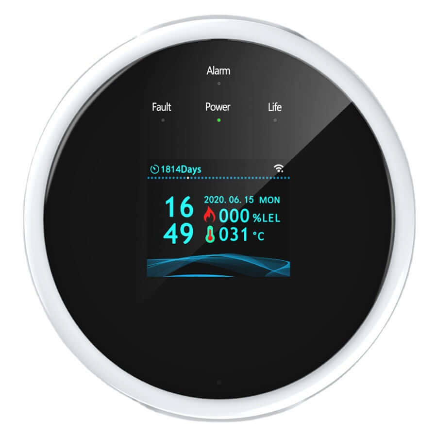 Glomarket Smart Gas Leak Detector Tuya Wifi LCD Display APP Remote Control Heat Alarm Reminder for Smart Home showing LCD screen features.