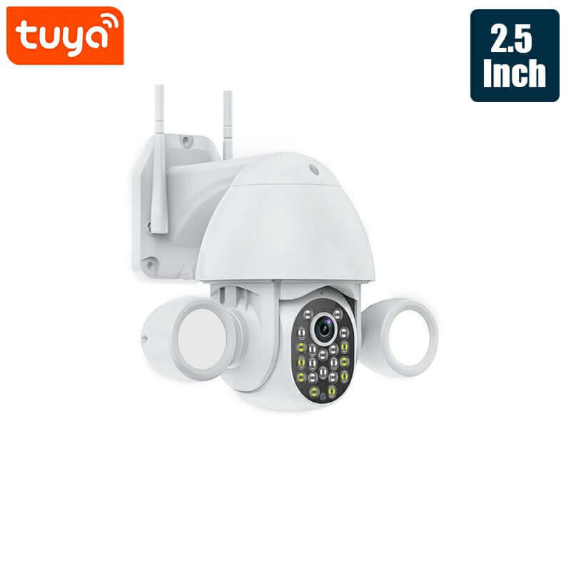 Glomarket Smart Home Security Wifi Camera Color Night Vision Ptz Tuya Floodlight Camera mounted for outdoor surveillance.