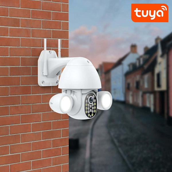 Glomarket Smart Home Security Wifi Camera Color Night Vision Ptz Tuya Floodlight Camera mounted on a wall.