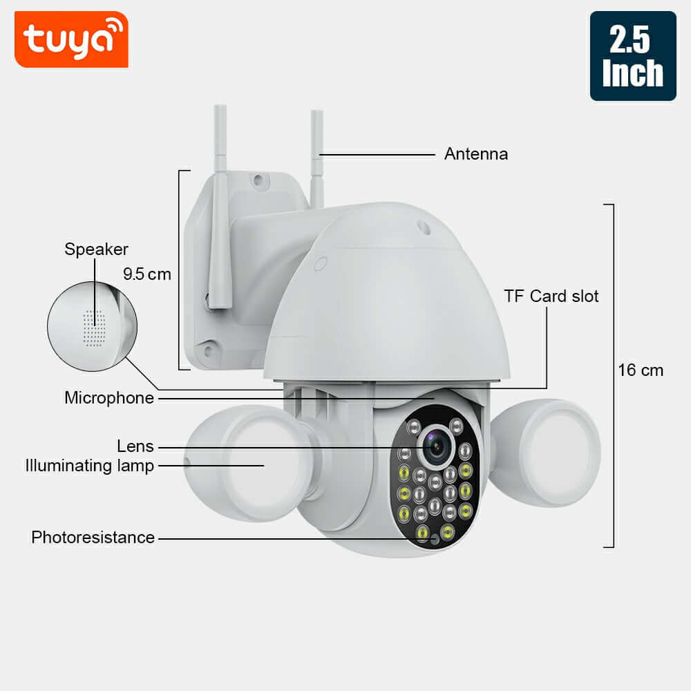 Glomarket Smart Home Security Wifi Camera Color Night Vision Ptz Tuya Floodlight Camera with detailed features and specifications.