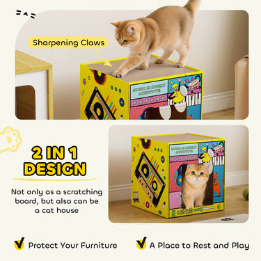 PawHut 2 in 1 Cardboard Cat House, Cat Scratcher for Indoor Cats with Scratching Board & Catnip