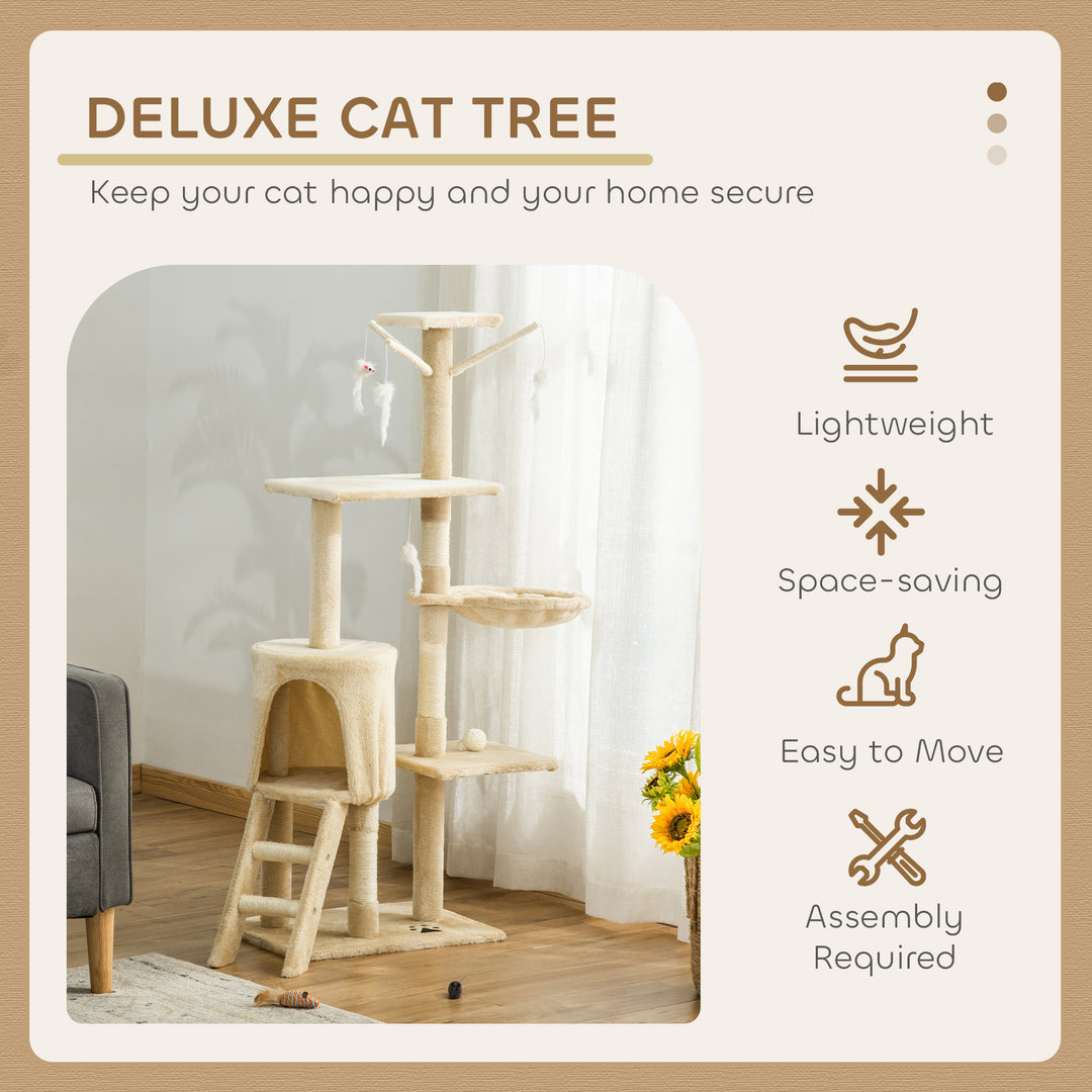 PawHut 53" Cat Tree Tower, Kitten Activity Centre with Scratching Posts, Condo, Perches, Ladder, Hammock, Dangling Toys, Beige