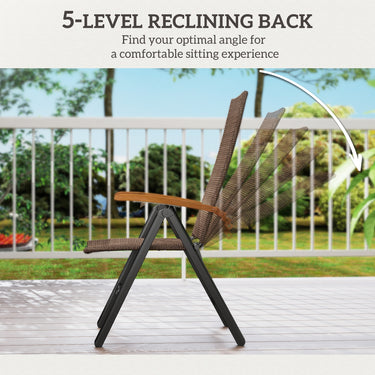 Outsunny Folding Wicker Patio Dining Chair with 5-level Reclining Back, Wooden Armrests for Outdoor, Garden, Backyard, Brown