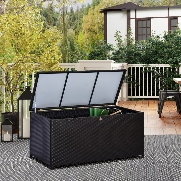 Outsunny Wicker Outdoor Storage Box, 75 Gallon Deck Box with Gas Strut and Clamp Lid, Rattan Patio Storage Container for Gardening Tools, Pool Supplies, Dark Brown