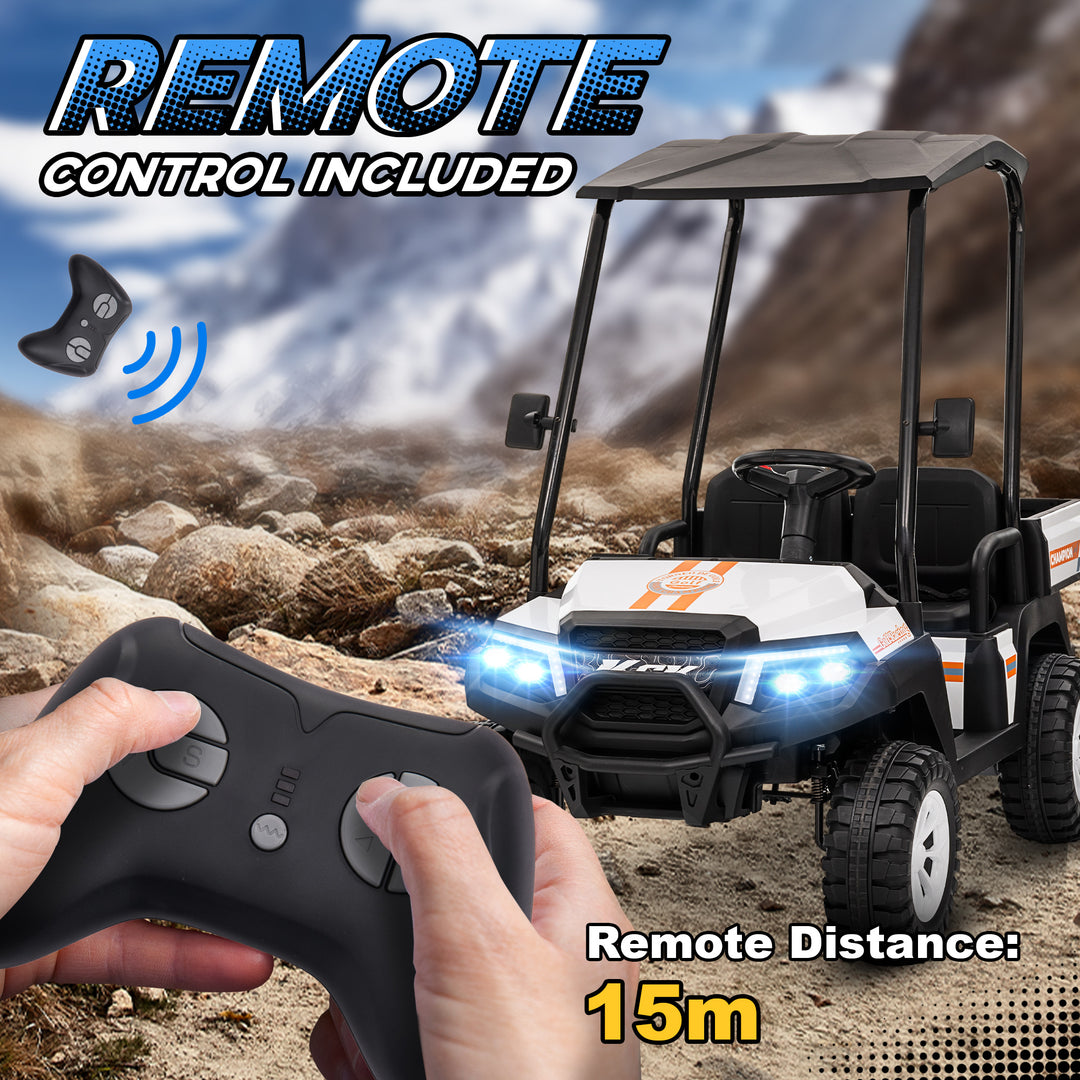 Qaba 24V 2 Seater Electric Car for Kids w/ Remote Control, 4 Wheels Spring Suspension, Soft Start, Storage, Sunshade, White