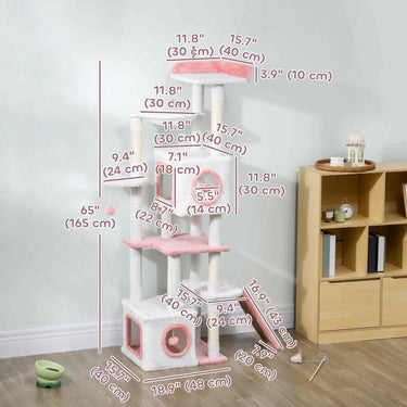 PawHut 65 Inch Cat Tree with 2 Doors Condos, Plush Top Perch, Hammock, Sisal Scratching Posts, 4 Pompoms, Ramp, White