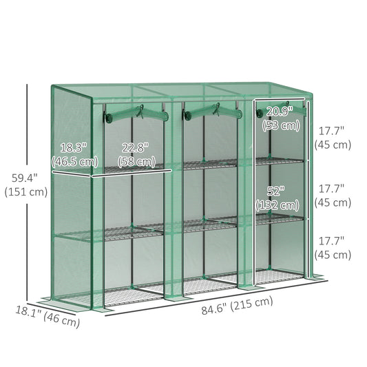 Outsunny Lean-to Greenhouse with 3 Tier Shelves, Mini Greenhouse with 3 Roll-Up Doors for Indoor Outdoor, Green