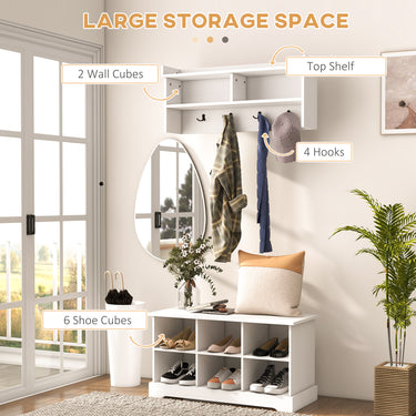 HOMCOM Coat Rack Shoe Bench Set, Entryway Shoe Bench with 8 Storage Cubbies, 4 Hooks for Hallway, Living Room, White