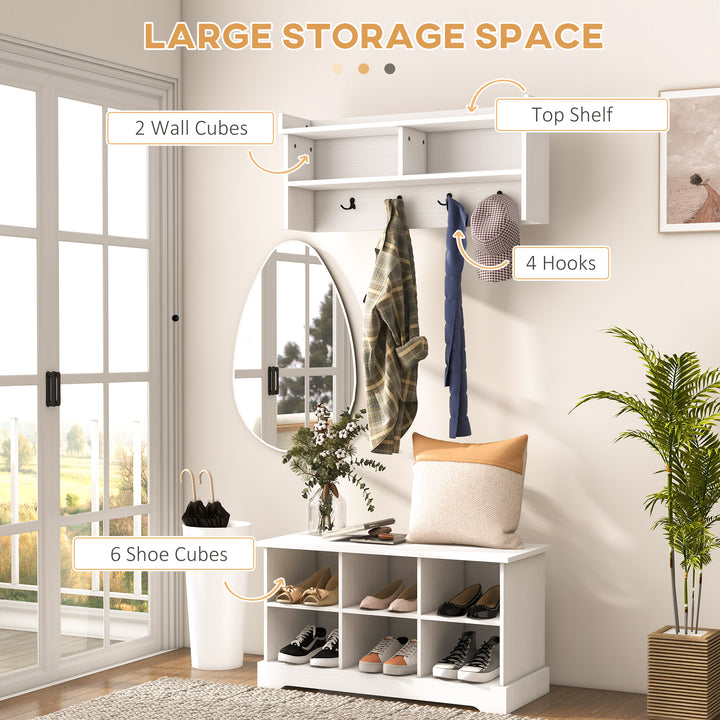 HOMCOM Coat Rack Shoe Bench Set, Entryway Shoe Bench with 8 Storage Cubbies, 4 Hooks for Hallway, Living Room, White