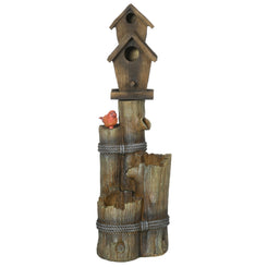 Outsunny Outdoor Fountain, Garden Waterfall with Birdhouse, 3-Tier Tree Trunk Design, LED Lights for Porch, Deck, Yard, Brown