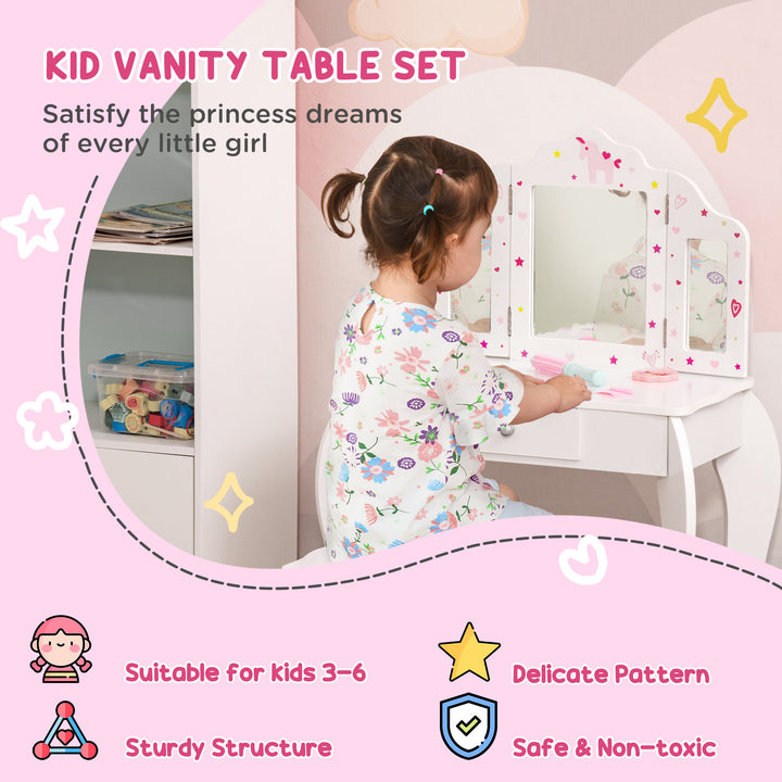 Qaba Kids Vanity Table and Stool, Makeup Vanity Girls Dressing Table Set with Tri-folding Mirrors Drawer Star and Heart Pattern, White