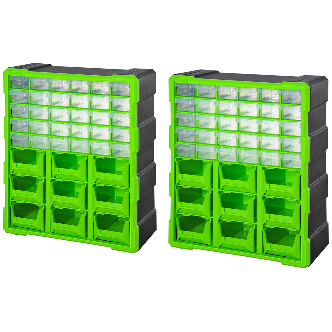 DURHAND Plastic 39 Drawer Parts Organiser Wall Mount Storage Cabinet for Small Nuts Bolts Tool Set of 2 Green