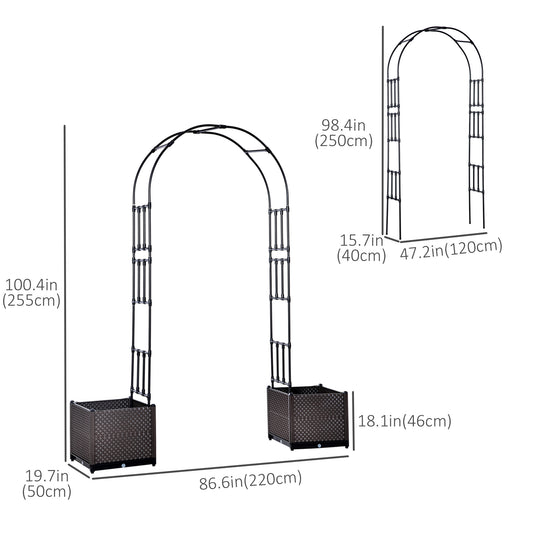 Outsunny 8ft Garden Arch with Two Planters Outdoor Steel Trellis Arbor for Climbing Plants, Weddings, Party, Brown, Black