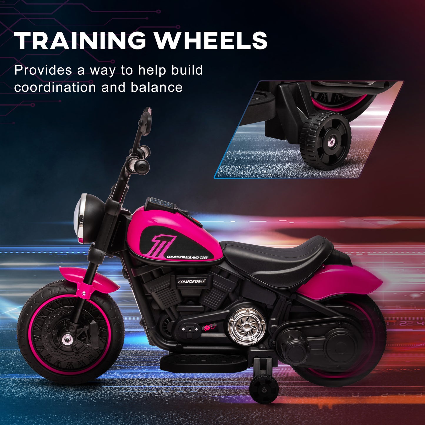 Aosom 6V Kids Motorcycle with Training Wheels, Foot Pedal, Headlight, Music, Forward/Reverse, Single-Button Start, Red