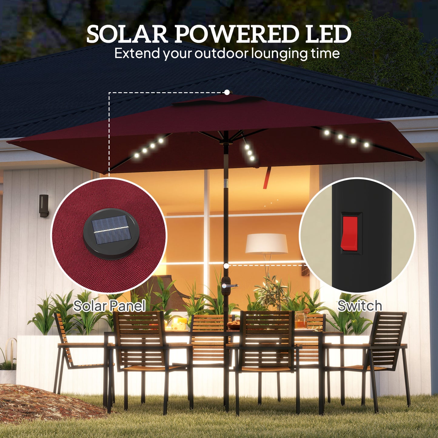 Outsunny 6' x 10' Patio Umbrella with 22 LED Solar Lights and Tilt, Rectangular Outdoor Table Umbrella with Crank, Beige