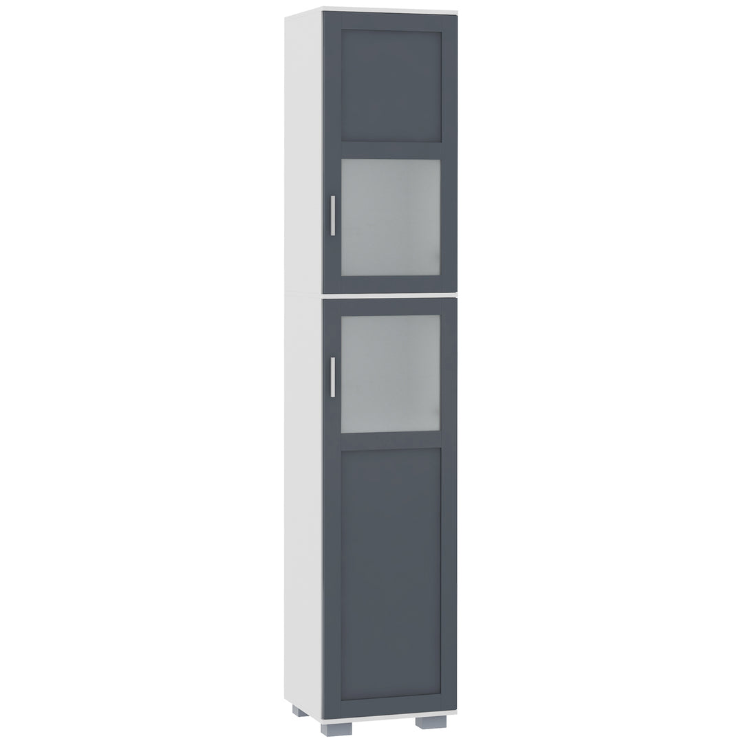 kleankin 75" Tall Bathroom Storage Cabinet, Narrow Bathroom Cabinets with Matte Glass Doors and 5-tier Shelving, White & Grey