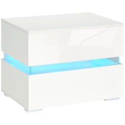 HOMCOM Modern Nightstand, Bedside Table with 2 Drawers, USB Powered RGB LED Lights, Remote for Bedroom, White