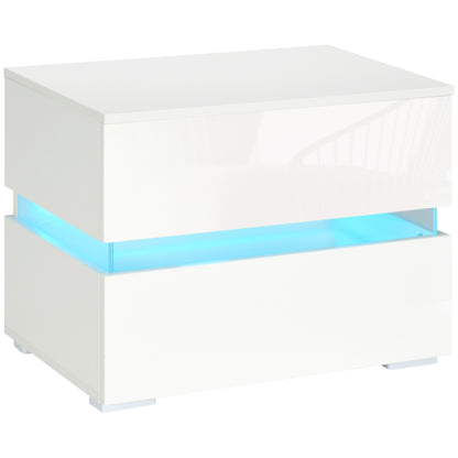 HOMCOM Modern Nightstand, Bedside Table with 2 Drawers, USB Powered RGB LED Lights, Remote for Bedroom, White