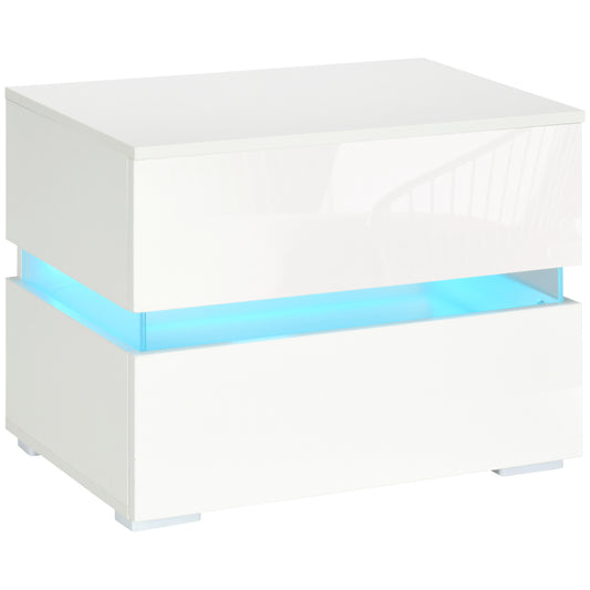 HOMCOM Modern Nightstand, Bedside Table with 2 Drawers, USB Powered RGB LED Lights, Remote for Bedroom, White