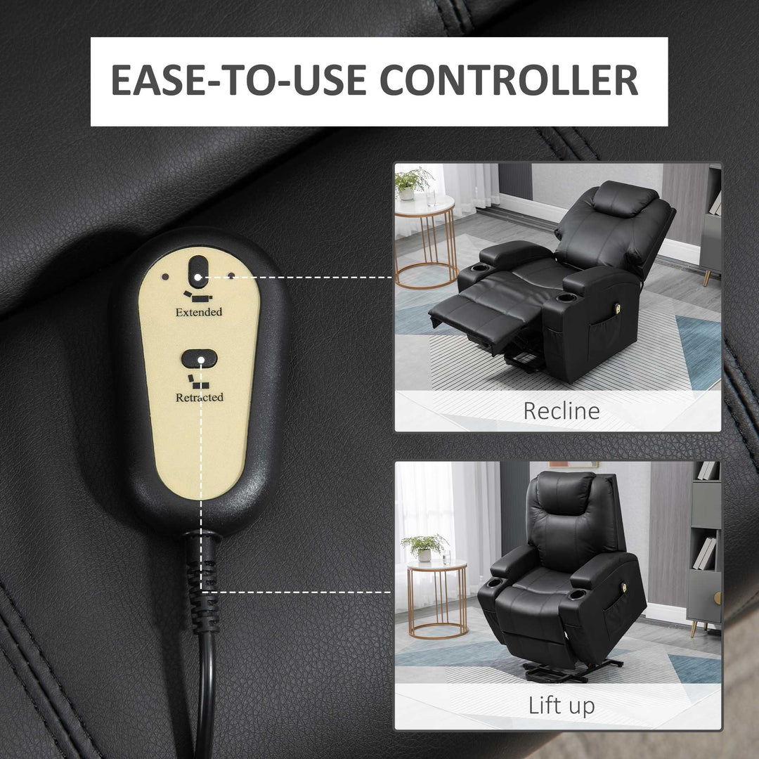 HOMCOM Power Lift Recliner Chair for Elderly, PU Leather Lift Chair with Footrest, Remote Control, Side Pockets and Cup Holders, Reclining Sofa for Living Room, Black