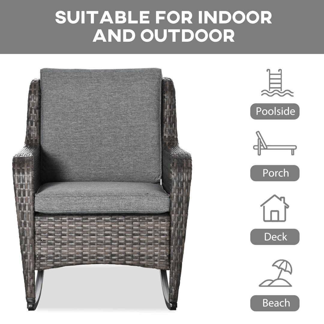 Outsunny Outdoor Wicker Rocking Chair, PE Rattan Porch Rocker with Cushions, Grey