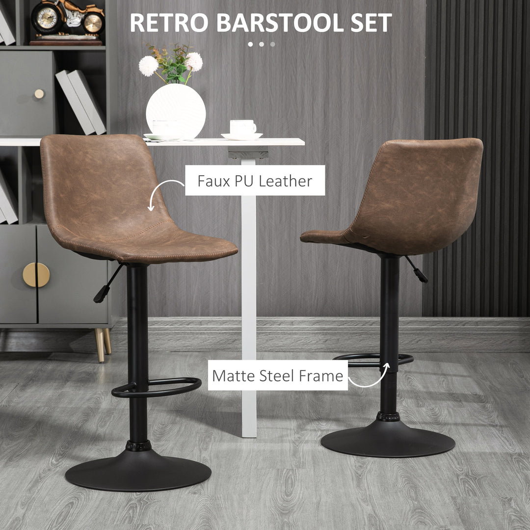 HOMCOM Adjustable Counter Height Bar Stools Set of 2, 360° Swivel Kitchen Counter Stools Dining Chairs with Backs, Vintage Leather, Brown