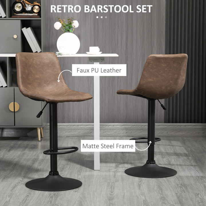 HOMCOM Adjustable Counter Height Bar Stools Set of 2, 360° Swivel Kitchen Counter Stools Dining Chairs with Backs, Vintage Leather, Brown